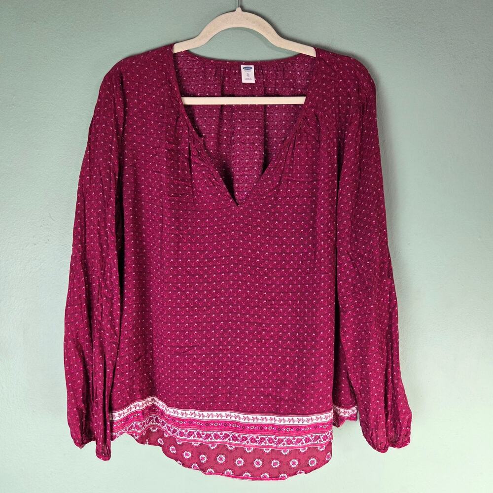 Old Navy Womens Burgundy Long Sleeve V-Neck Top Size XL Boho Floral Cottagecore